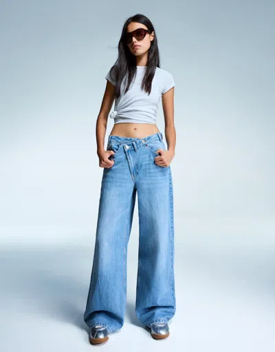 Bershka Wide Leg Jeans With Crossover Waistband In Multi