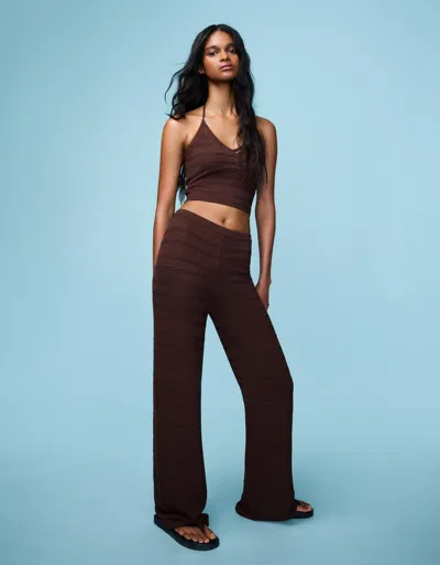 Bershka Wide-leg Openwork Pants In Brown