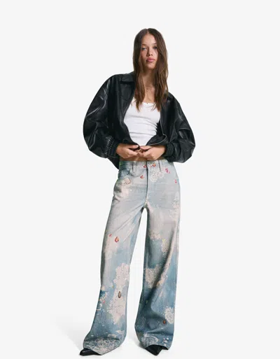 Bershka Wide-leg Printed Jeans In Black