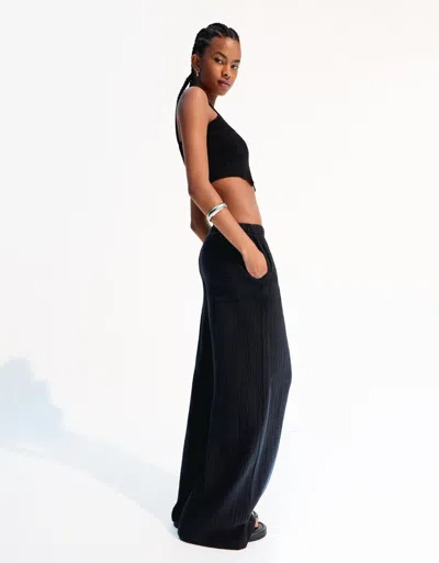 Bershka Wide-leg Rustic Double Cloth Pants In Black