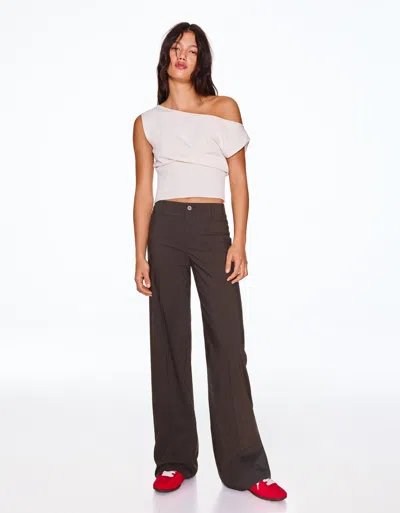 Bershka Wide-leg Trousers In Brown