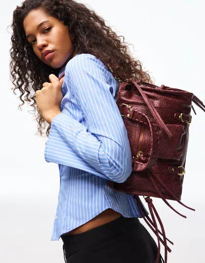Bershka Worn-effect Bowling Bag With Straps In Burgundy