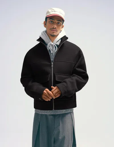 Bershka Zip-up Felt Texture Jacket In Black