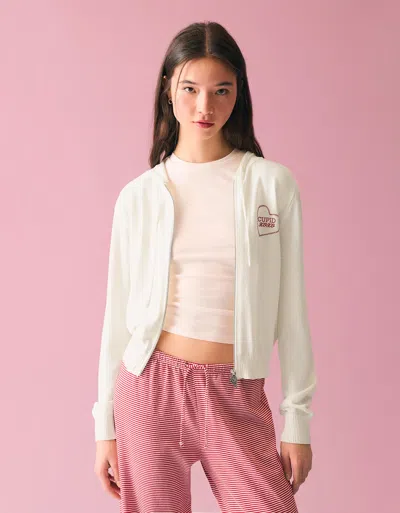 Bershka Zip-up Print Hoodie In White
