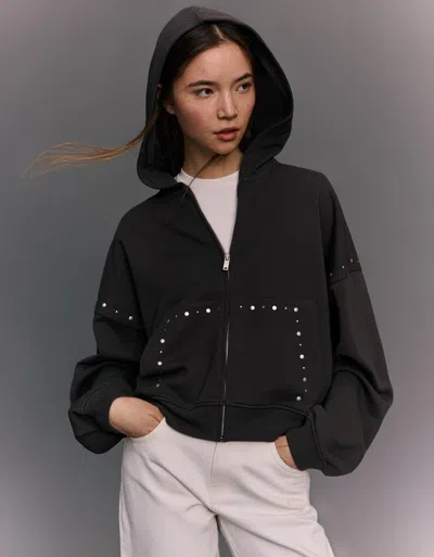 Bershka Zip-up Studded Hoodie In Black