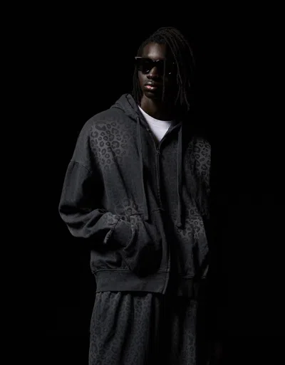 Bershka Zip-up Print Hoodie In Gray