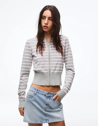 Bershka Zip-up Striped Hoodie In Gray