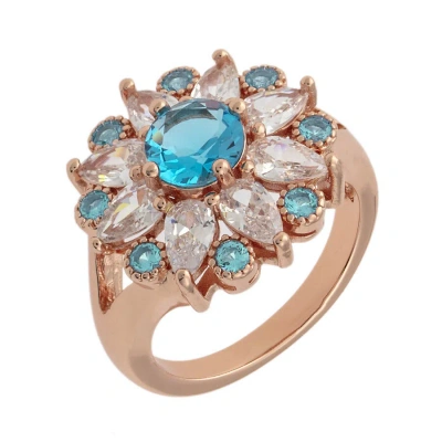 Bertha Juliet Collection Women's 18k Rg Plated Light Blue Floral Statement Fashion Ring Size 5 In Rose Gold-tone