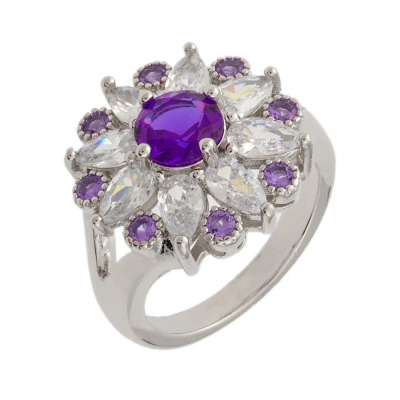 Bertha Juliet Collection Women's 18k Wg Plated Purple Floral Statement Fashion Ring Size 5 In White