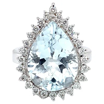 Pre-owned Bespoke 12.00ct Aquamarine Diamond Halo Cluster Cocktail Ring 18k White Gold