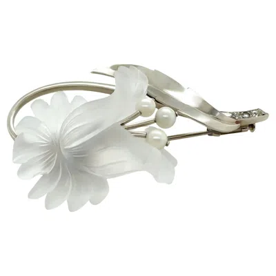 Pre-owned Bespoke 14ct White Gold Rock Crystal Cultured Pearl And Diamond Floral Brooch 11.93g