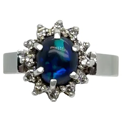 Pre-owned Bespoke 18ct White Gold Black Opal And Diamond Cluster Ring 0.62ct 5.28g