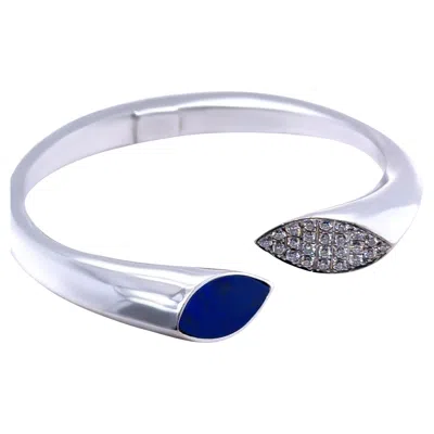 Pre-owned Bespoke 18ct White Gold Diamond And Lapis Lazuli Cuff Bangle 48.15g