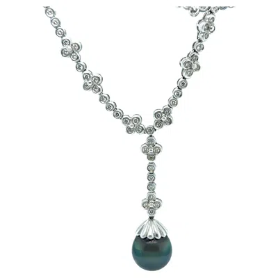 Pre-owned Bespoke 18ct White Gold Tahitian Pearl And Diamond Necklace 1.20ct 35.17g