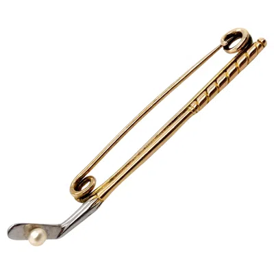 Pre-owned Bespoke 18ct Yellow Gold And Platinum Art Deco Golf Brooch Badge With Cultured Pearl
