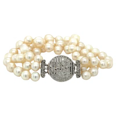 Pre-owned Bespoke Art Deco Diamonds And Pearls Triple Strand Bracelet Platinum In Multi