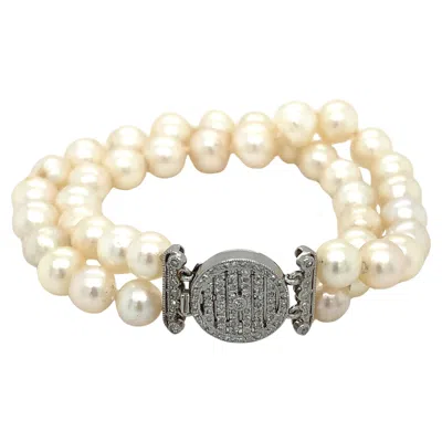 Pre-owned Bespoke Art Deco Pearl And Diamonds Double Strand Bracelet Platinum In Multi