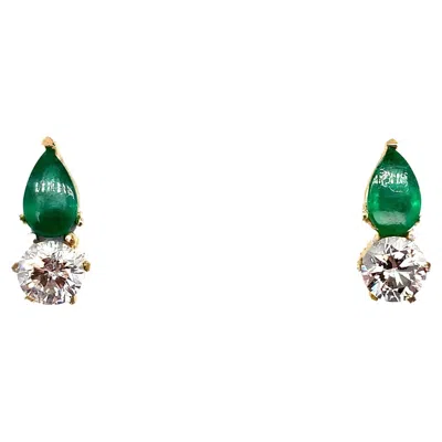 Pre-owned Bespoke Diamond And Green Emerald Art Deco Stud Earrings 18k Yellow Gold