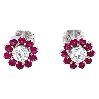 Pre-owned Bespoke Diamond Ruby Cluster Art Deco 18k White Gold Studs Earrings