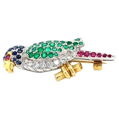 Pre-owned Bespoke Diamond Sapphire Green Emerald And Ruby Brooch 18k White Gold