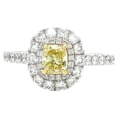 Pre-owned Bespoke Fancy Yellow Diamond Double Halo Engagement Ring 18ct White Gold