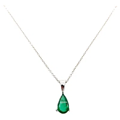 Pre-owned Bespoke Green Emerald Soliatire Drop Pendant Necklace 18k White Gold