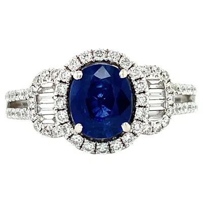 Pre-owned Bespoke Royal Sapphire Diamond Halo Art Deco Cocktail Ring 18k White Gold
