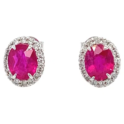Pre-owned Bespoke Ruby Diamond Halo Art Deco Studs Earrings 18k White Gold