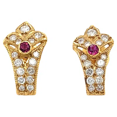 Pre-owned Bespoke Ruby Diamonds Art Deco Studs Earrings 18k Yellow Gold