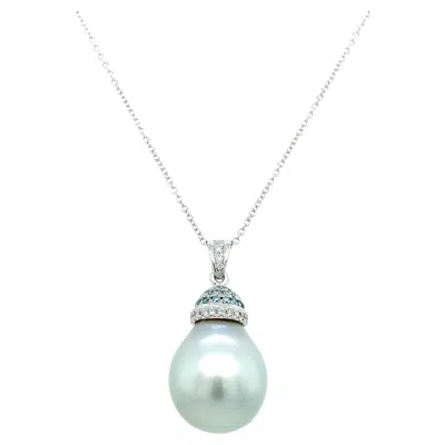 Pre-owned Bespoke Tahitian Pearl And Diamonds Pear Art Deco Drop Pendant 18k White Gold