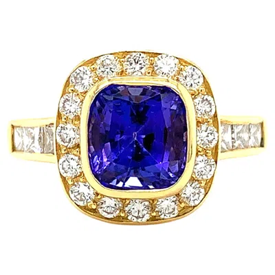 Pre-owned Bespoke Tanzanite And Diamond Halo Cocktail Ring 18k Yellow Gold