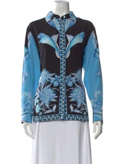 Pre-owned Bessi Floral Print Long Sleeve Button-up Top In Blue
