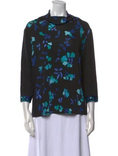 Pre-owned Bessi Floral Print Mock Neck Blouse In Black