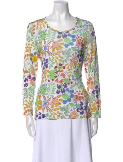 Pre-owned Bessi Floral Print Scoop Neck Blouse In White