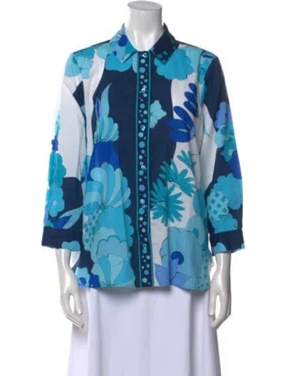 Pre-owned Bessi Floral Print Three-quarter Sleeve Button-up Top In Blue