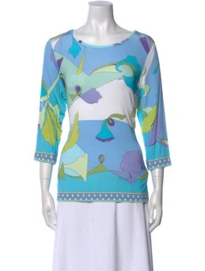 Pre-owned Bessi Printed Bateau Neckline Tunic In Blue