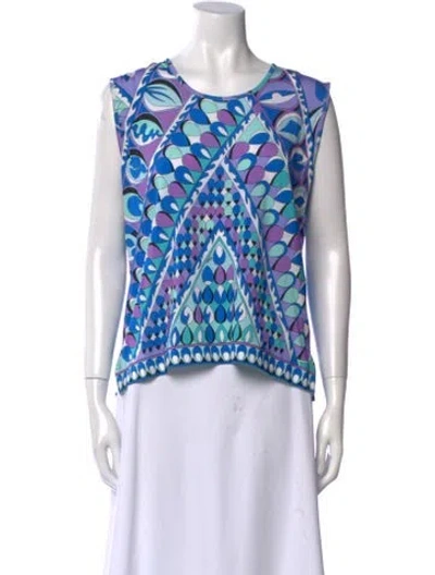Pre-owned Bessi Printed Scoop Neck Top In Blue