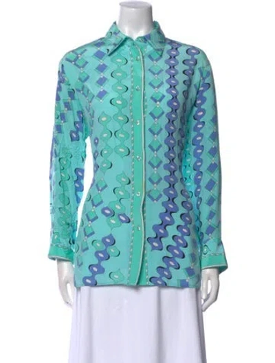 Pre-owned Bessi Silk Printed Button-up Top In Blue