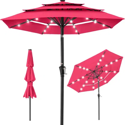 Best Choice Products 10ft 3-tier Solar Patio Umbrella W/ 24 Led Lights, Tilt Adjustment, Easy Crank In Pink
