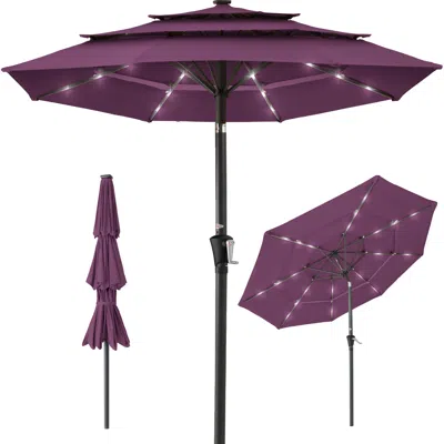 Best Choice Products 10ft 3-tier Solar Patio Umbrella W/ 24 Led Lights, Tilt Adjustment, Easy Crank In Purple