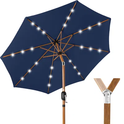 Best Choice Products 10ft Solar Led Lighted Outdoor Woodgrain Pattern Steel Market Patio Umbrella - Navy Blue