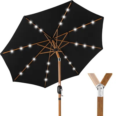 Best Choice Products 10ft Solar Led Lighted Outdoor Woodgrain Pattern Steel Market Patio Umbrella In Black