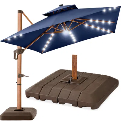 Best Choice Products 10ft Square Woodgrain Pattern 2-tier Outdoor Solar Led Cantilever Umbrella W/ Base - Navy Blue