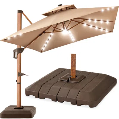 Best Choice Products 10ft Square Woodgrain Pattern 2-tier Outdoor Solar Led Cantilever Umbrella W/ Base - Tan