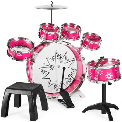 Best Choice Products 11-piece Kids Starter Drum Set W/ Bass Drum, Tom Drums, Snare, Cymbal, Stool, Drumsticks In Pink