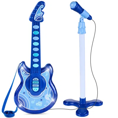 Best Choice Products 19in Kids Flash Guitar, Pretend Play Musical Instrument Toy For Toddlers W/ Mic, Stand In Blue