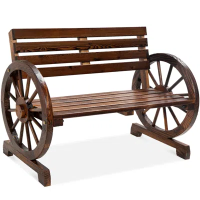 Best Choice Products 2-person Wooden Wagon Wheel Bench For Patio, Garden, Outdoor Lounging W/ Rustic Design - Brown In Green