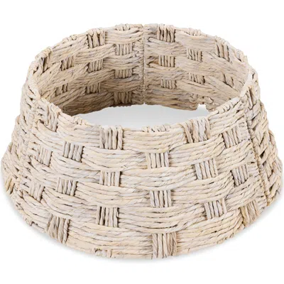 Best Choice Products 24in Basket Woven Hyacinth Christmas Tree Collar, Skirt Accessory W/ Cord Cut-out - White Washed