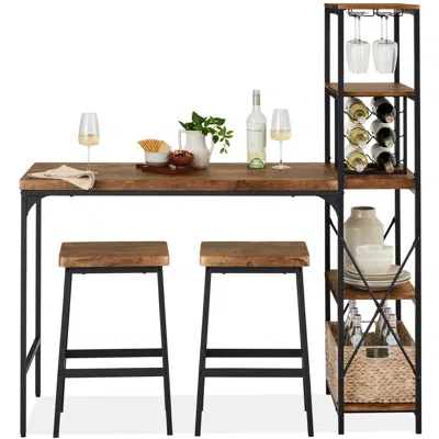 Best Choice Products 3-piece Bar Height Dining Set W/ Bottle Rack, Glass Storage, 5 Shelves In Orange