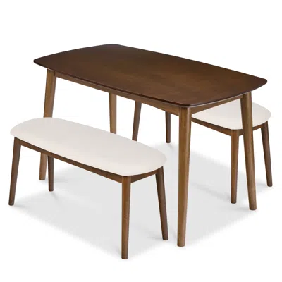 Best Choice Products 3-piece Mid-century Modern Upholstered Wooden Dining Set W/ 2 Bench Seats - Walnut/cream In Gray